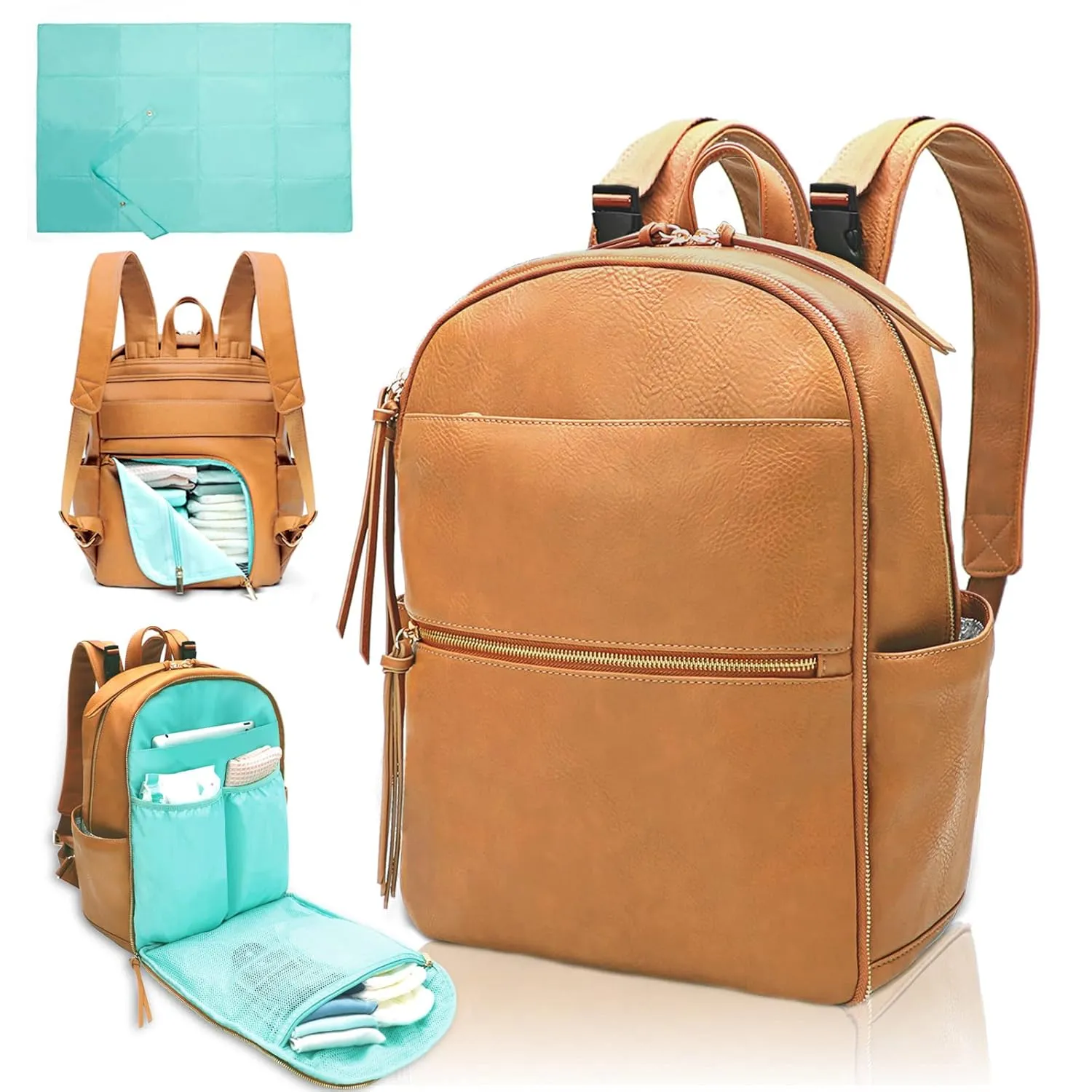 MOMINSIDE Diaper Bag Backpack with 6 Insulated Pockets, Leather Baby Bag for Mom Dad, Baby Registry, 18 Pockets, Changing Pad, Stroller Straps, Wet Dry Bag (Biscuit)