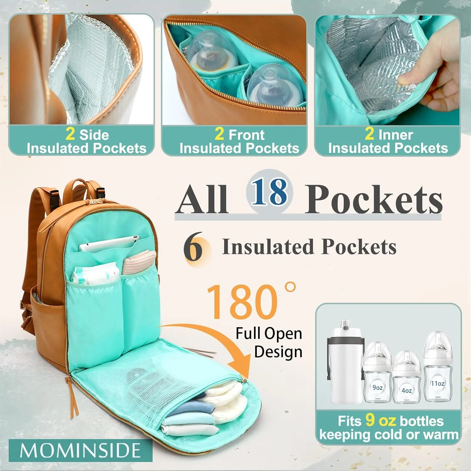 MOMINSIDE Diaper Bag Backpack with 6 Insulated Pockets, Leather Baby Bag for Mom Dad, Baby Registry, 18 Pockets, Changing Pad, Stroller Straps, Wet Dry Bag (Biscuit)