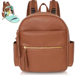 MOMINSIDE Small Diaper Bag Backpack, Mini Diaper Bag with 11 Pockets, Leather diaper backpack, Baby Diaper Bag for Baby Girls, 2 Insulated Pockets, Stroller Straps (Brown)