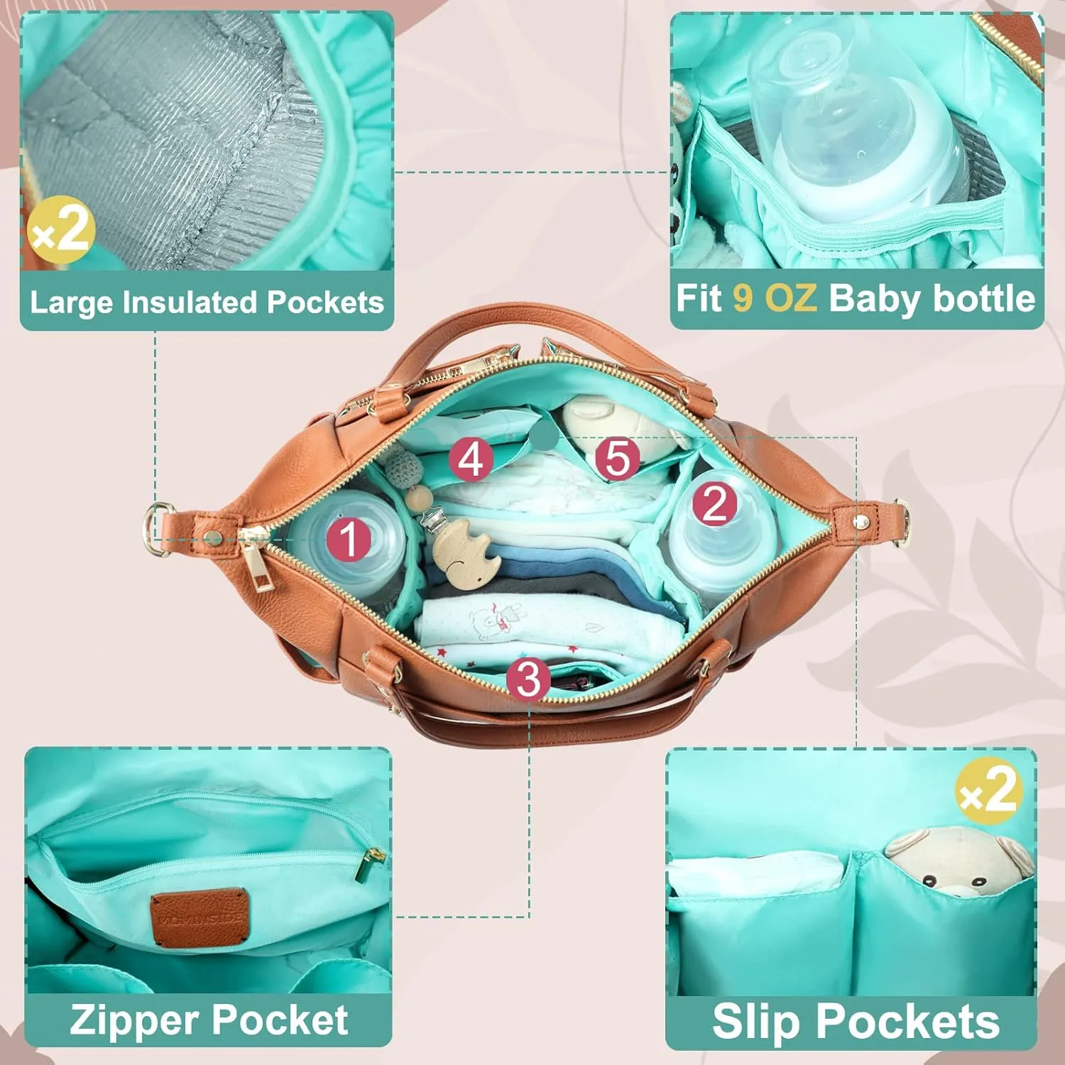 MOMINSIDE Small Diaper Bag, Mini Diaper Tote, Leather Diaper Bag Purse, Crossbody Baby Bag with 13 Pockets, Diaper Clutch for Women Mom, 2 Insulated Pockets(Brown)
