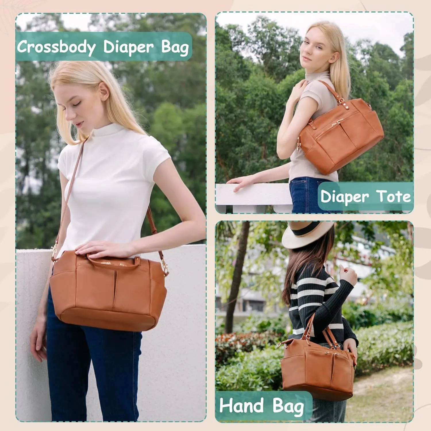 MOMINSIDE Small Diaper Bag, Mini Diaper Tote, Leather Diaper Bag Purse, Crossbody Baby Bag with 13 Pockets, Diaper Clutch for Women Mom, 2 Insulated Pockets(Brown)