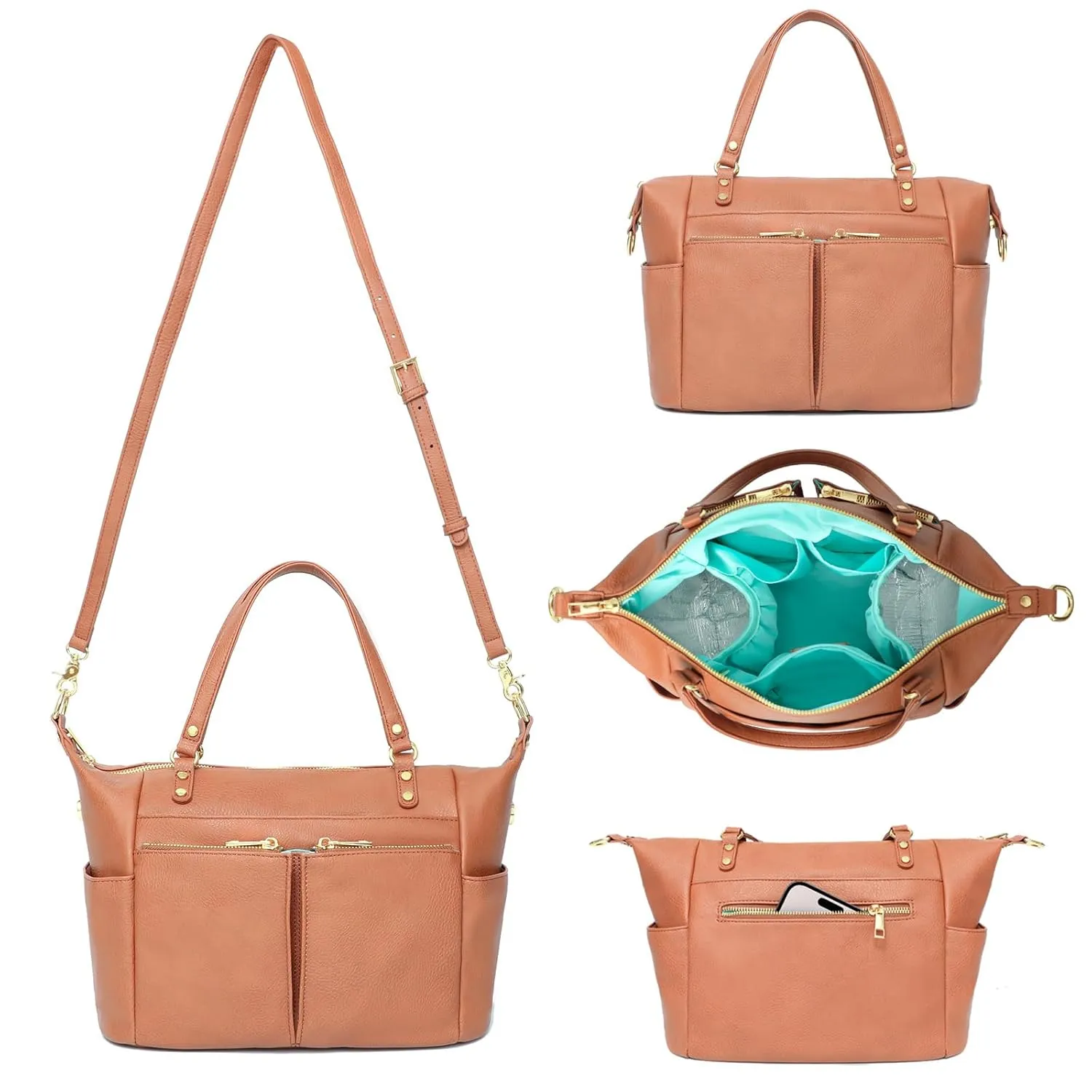 MOMINSIDE Small Diaper Bag, Mini Diaper Tote, Leather Diaper Bag Purse, Crossbody Baby Bag with 13 Pockets, Diaper Clutch for Women Mom, 2 Insulated Pockets(Brown)