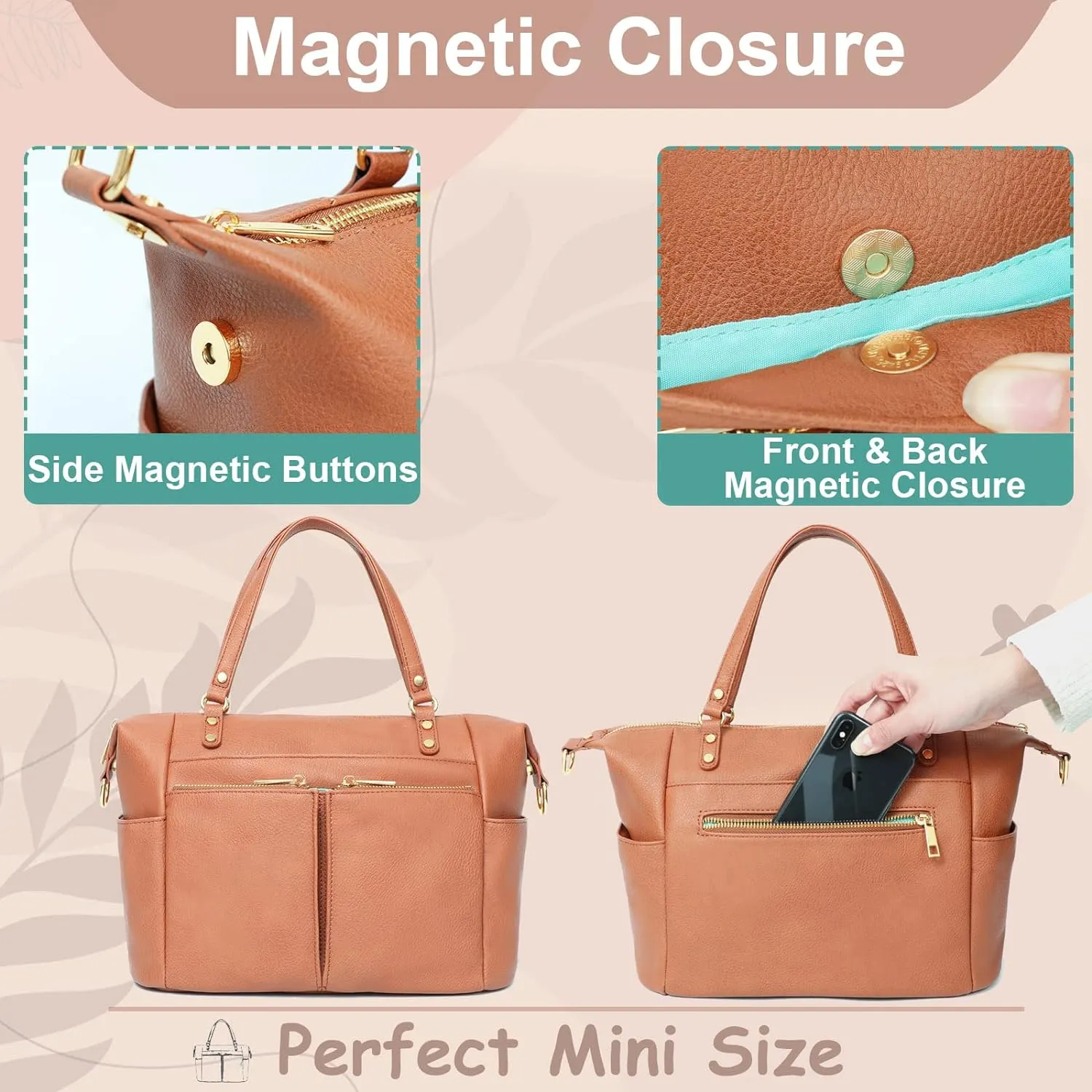 MOMINSIDE Small Diaper Bag, Mini Diaper Tote, Leather Diaper Bag Purse, Crossbody Baby Bag with 13 Pockets, Diaper Clutch for Women Mom, 2 Insulated Pockets(Brown)