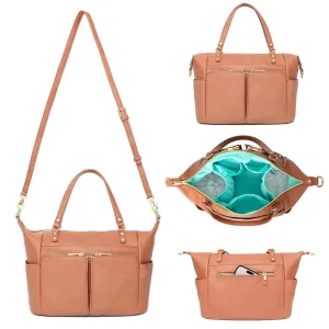 MOMINSIDE Small Diaper Bag, Mini Diaper Tote, Leather Diaper Bag Purse, Crossbody Baby Bag with 13 Pockets, Diaper Clutch for Women Mom, 2 Insulated Pockets(Brown)