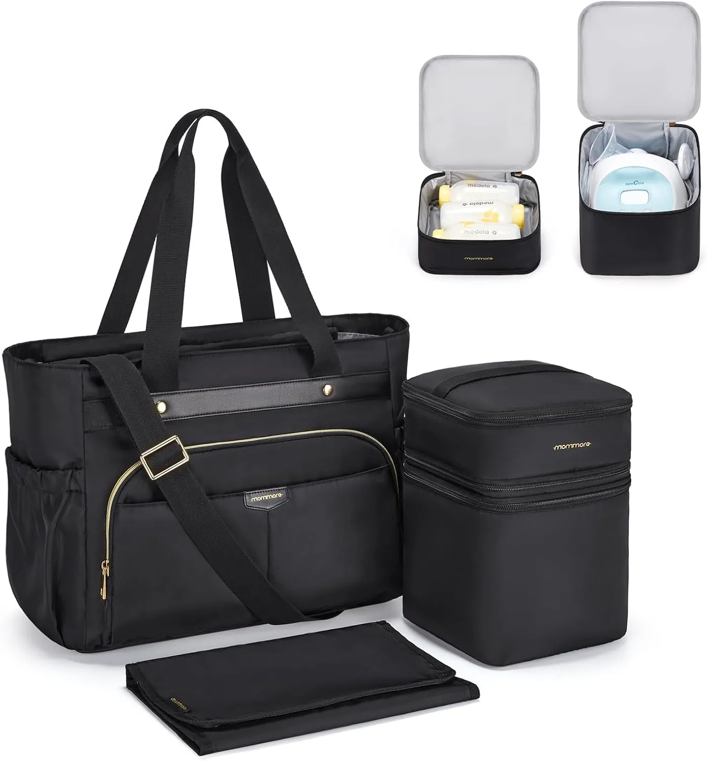 mommore Breast Pump Bag with Cooler for Medela, Spectra S1, S2, Diaper Bag Tote with Changing Pad, Baby Bag for Work