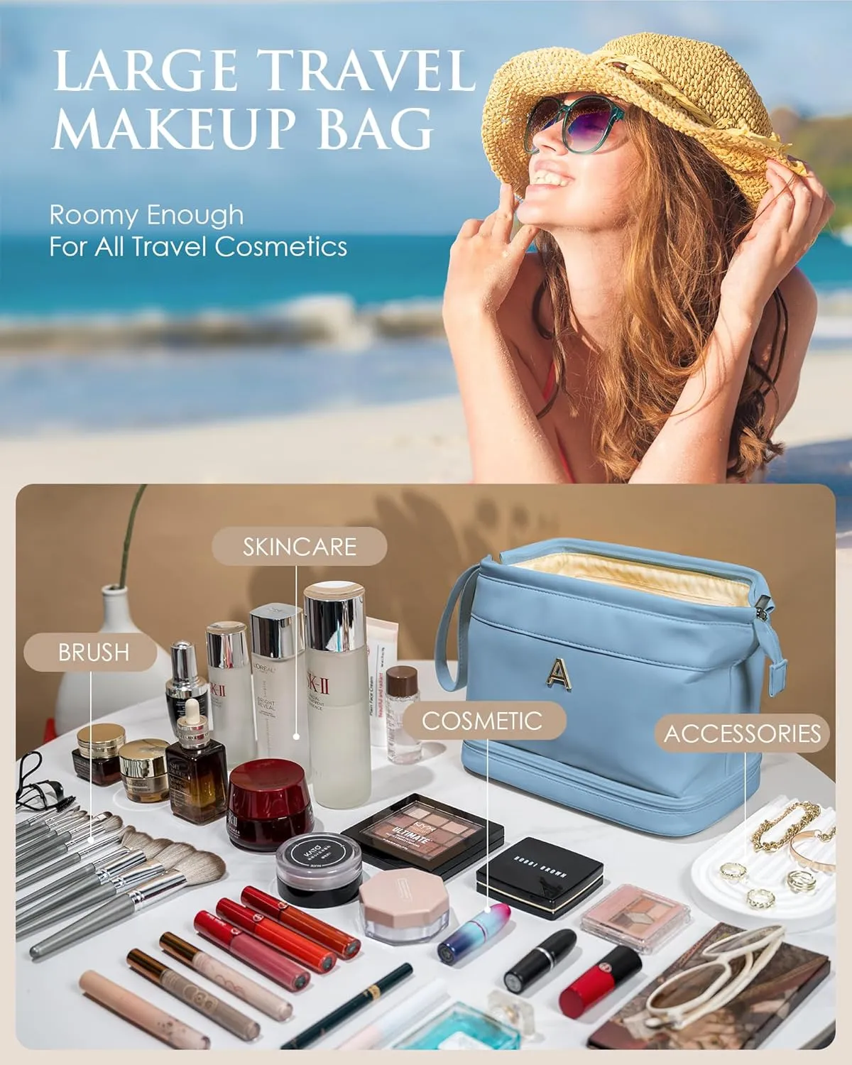 Mothers Day Gift Basket, Large Makeup Bag, Travel Essentials, Personalized Double Layer Cosmetic Bag with Makeup Brush Organizer, 13 14 15 16 17 18 Years Old Girl Gifts-Graduation Gift
