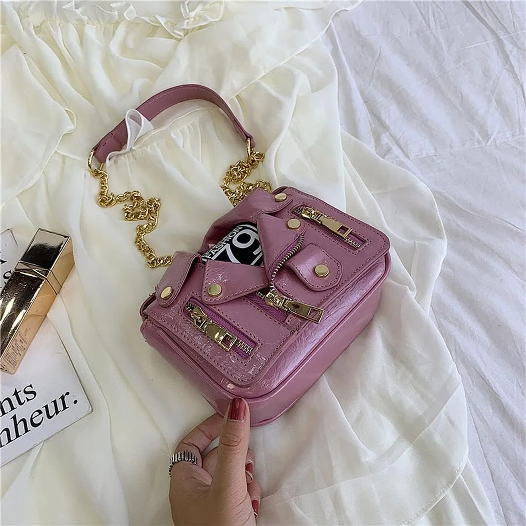 Motorcycle Jacket Shoulderbag PU Leather Handbag Punk Style Crossbody Bag Rivet Purse Lapel Collar Bag with Chain