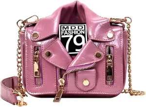 Motorcycle Jacket Shoulderbag PU Leather Handbag Punk Style Crossbody Bag Rivet Purse Lapel Collar Bag with Chain