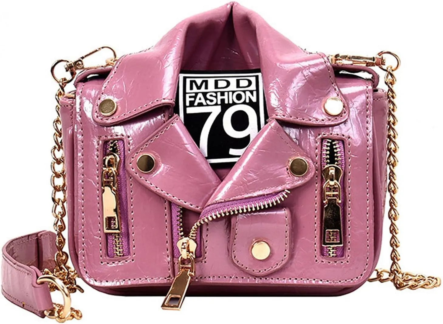 Motorcycle Jacket Shoulderbag PU Leather Handbag Punk Style Crossbody Bag Rivet Purse Lapel Collar Bag with Chain
