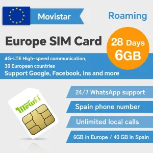 Movistar Europe SIM Card with Spanish Phone Number, 28 Days 6GB in Europe, 40 GB in Spain – Easy Activation & 24/7 Whatsapp Support, 4G, Unlimited Local Calls – Compatible with Unlocked Phones