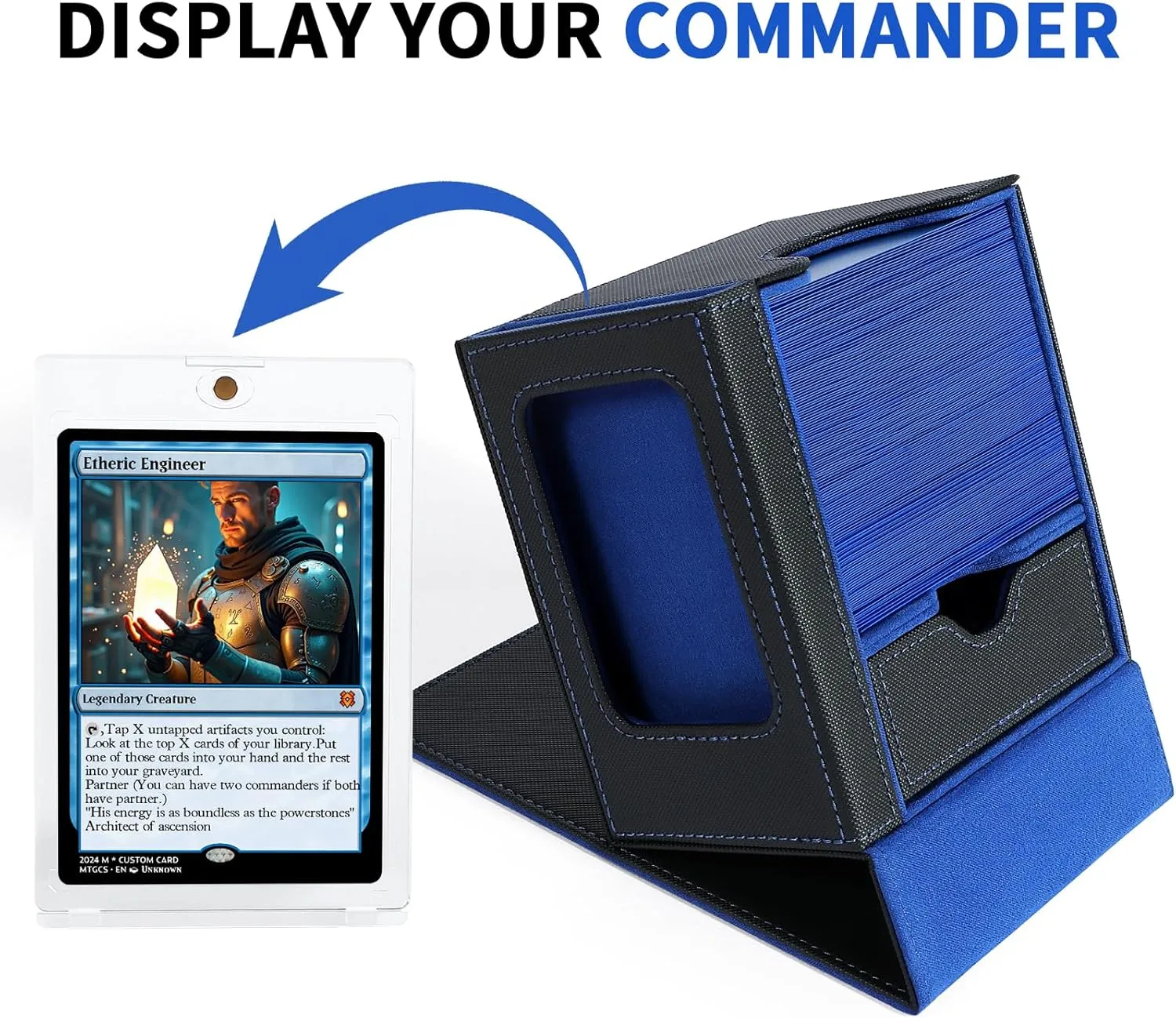 MTG Commander Deck Box, Card Deck Box with Commander Display, Fits 100 Double-Sleeved Cards, 35pt Card Holder & Dice Tray, Suitable for Magic Commander TCG CCG - Black/Blue