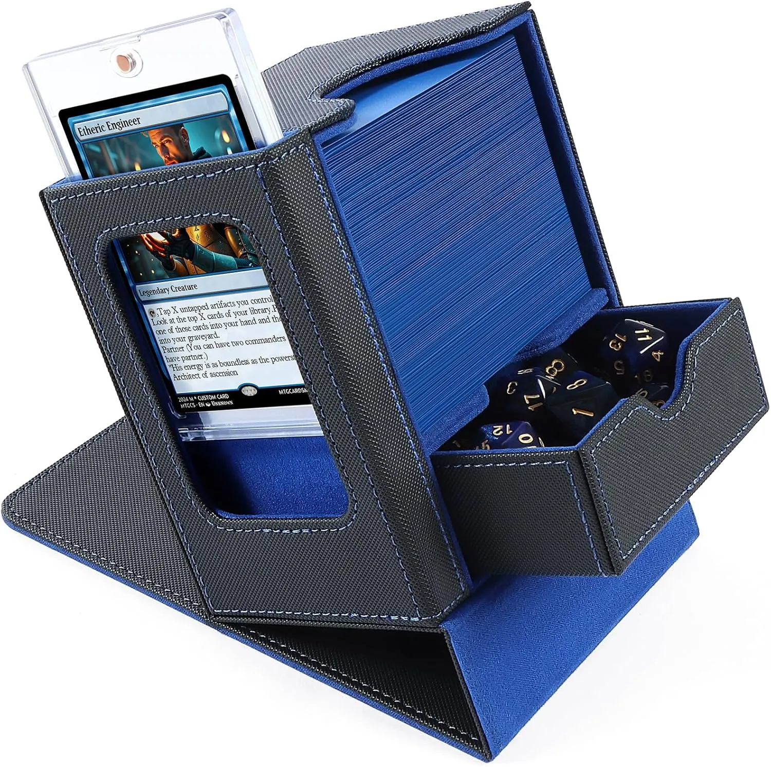 MTG Commander Deck Box, Card Deck Box with Commander Display, Fits 100 Double-Sleeved Cards, 35pt Card Holder & Dice Tray, Suitable for Magic Commander TCG CCG - Black/Blue