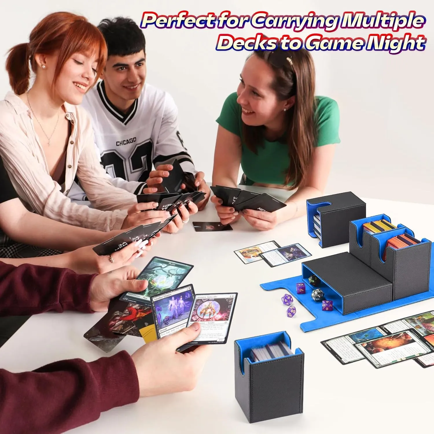MTG Deck Box with Dice Tray, 5 in 1 Commander Deck Box Fits 840  Sleeveless Cards, Leather Magnetic Deck Box MTG, Detachable Deck Box TCG CCG YuGiOh, Trading Card Deck Box with 8 Dividers (Black&Blue)