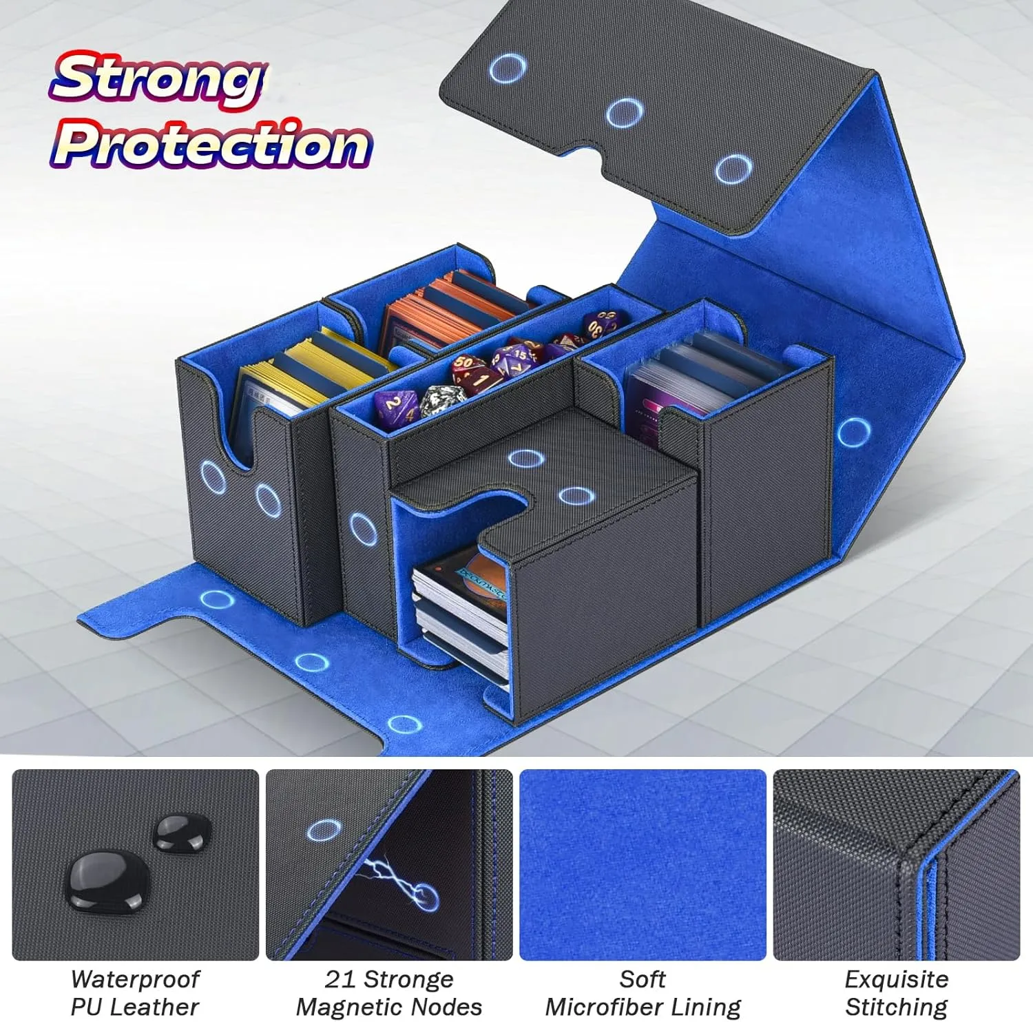 MTG Deck Box with Dice Tray, 5 in 1 Commander Deck Box Fits 840  Sleeveless Cards, Leather Magnetic Deck Box MTG, Detachable Deck Box TCG CCG YuGiOh, Trading Card Deck Box with 8 Dividers (Black&Blue)