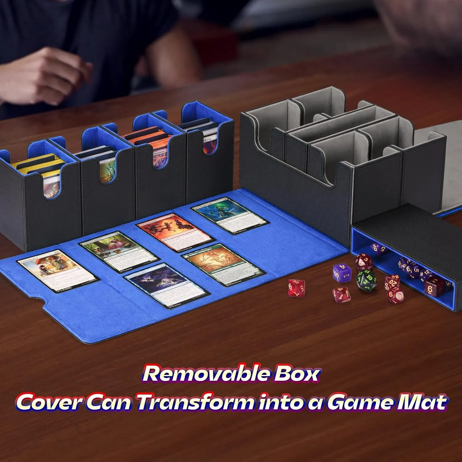 MTG Deck Box with Dice Tray, 5 in 1 Commander Deck Box Fits 840  Sleeveless Cards, Leather Magnetic Deck Box MTG, Detachable Deck Box TCG CCG YuGiOh, Trading Card Deck Box with 8 Dividers (Black&Blue)