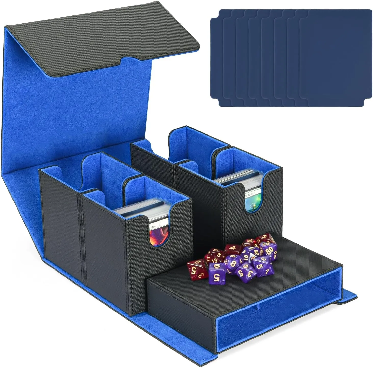 MTG Deck Box with Dice Tray, 5 in 1 Commander Deck Box Fits 840  Sleeveless Cards, Leather Magnetic Deck Box MTG, Detachable Deck Box TCG CCG YuGiOh, Trading Card Deck Box with 8 Dividers (Black&Blue)