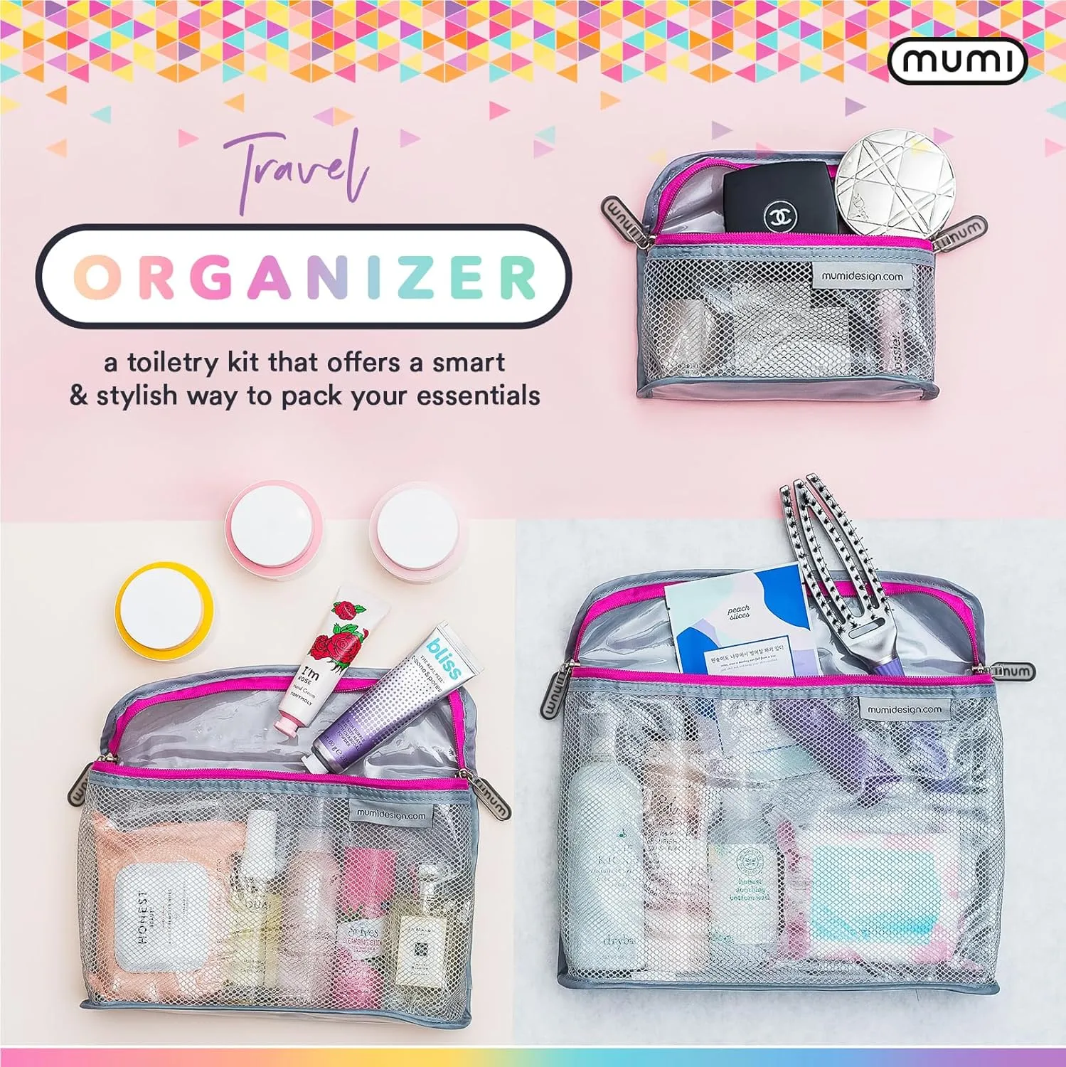 MUMI Travel Toiletry Bag Set of 3 – Water-Resistant Toiletry Bags for Women & Men – Clear Bags for Toiletries, Skincare, Makeup & Travel Essentials – Lightweight, Durable & Portable Organizer - Orange