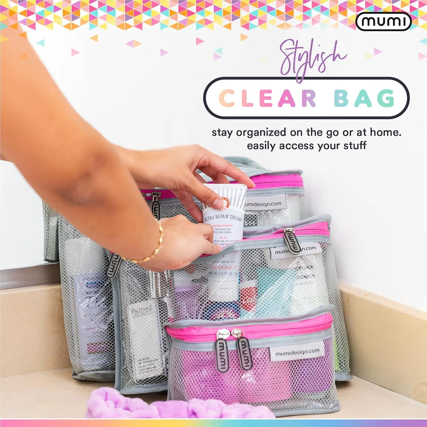 MUMI Travel Toiletry Bag Set of 3 – Water-Resistant Toiletry Bags for Women & Men – Clear Bags for Toiletries, Skincare, Makeup & Travel Essentials – Lightweight, Durable & Portable Organizer - Orange