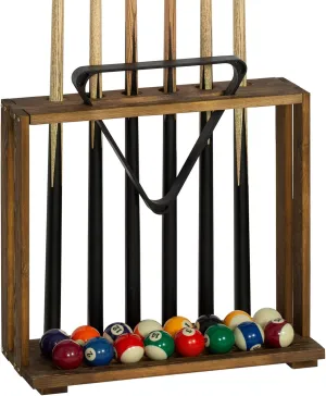MyGift Rustic Burnt Solid Wood Freestanding Billiards Pool Cue Organizer with Ball Storage and Triangle Rack Slot