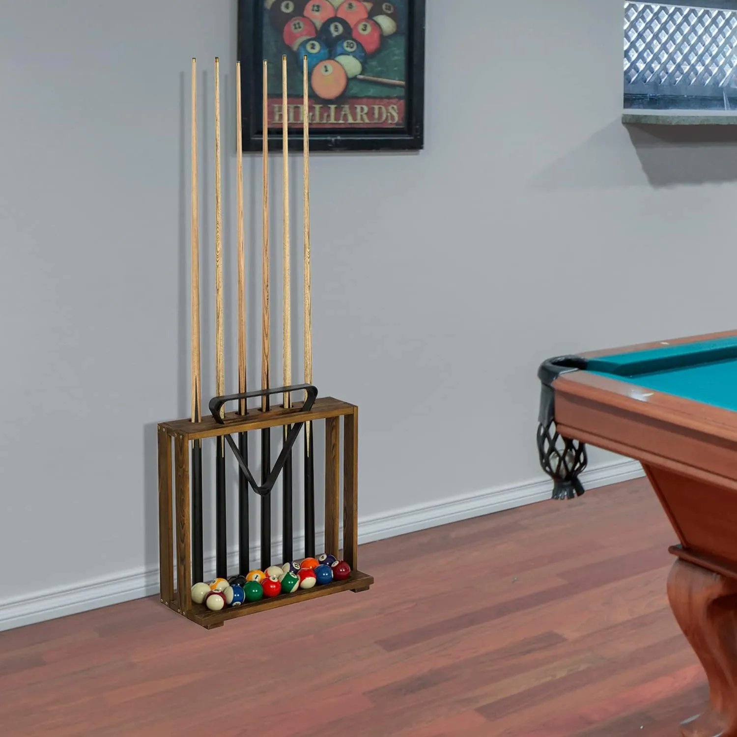 MyGift Rustic Burnt Solid Wood Freestanding Billiards Pool Cue Organizer with Ball Storage and Triangle Rack Slot