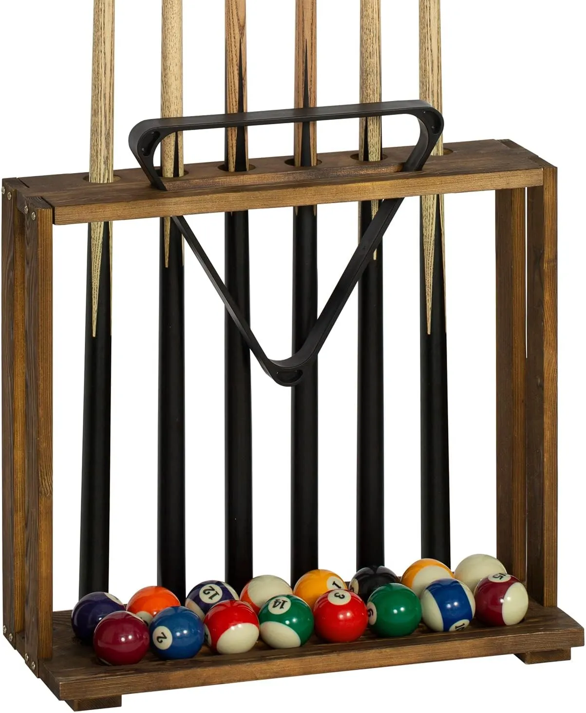 MyGift Rustic Burnt Solid Wood Freestanding Billiards Pool Cue Organizer with Ball Storage and Triangle Rack Slot