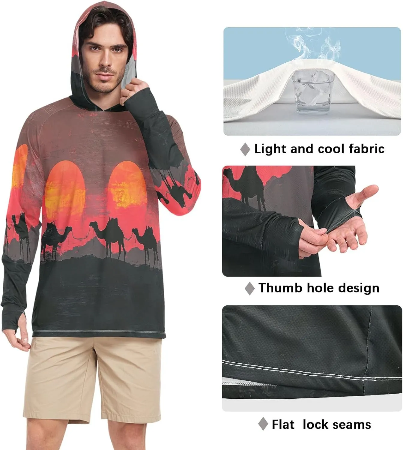 Nander Sunset Desert Camel Men's Sun Protection Hoodie Shirt UPF 50  Long Sleeve Quick Dry Jacke Cooling Shirt for Outdoor