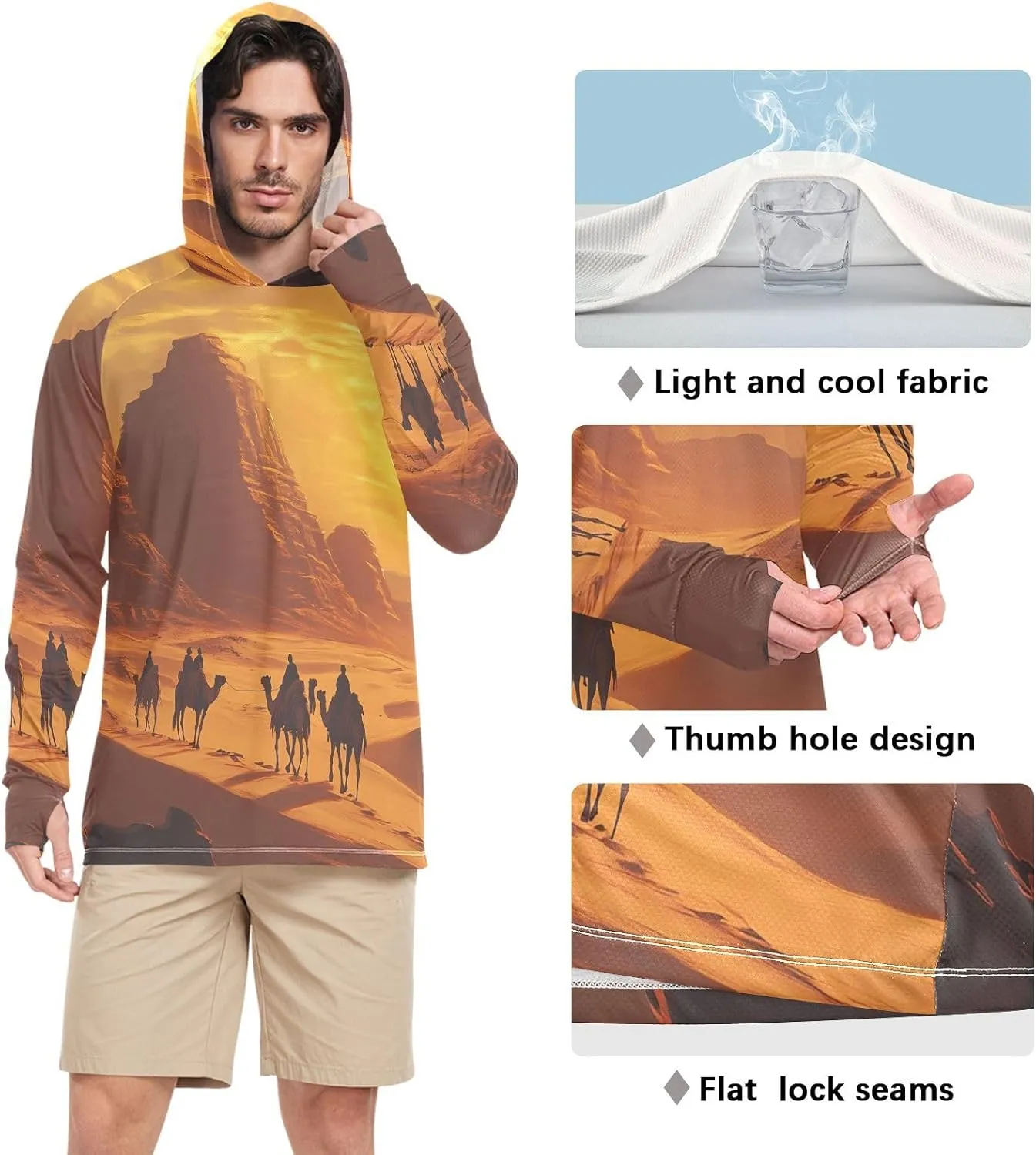 Nander Sunset Desert Camel Men's Sun Protection Hoodie Shirt UPF 50  Long Sleeve Quick Dry Jacke Cooling Shirt for Outdoor