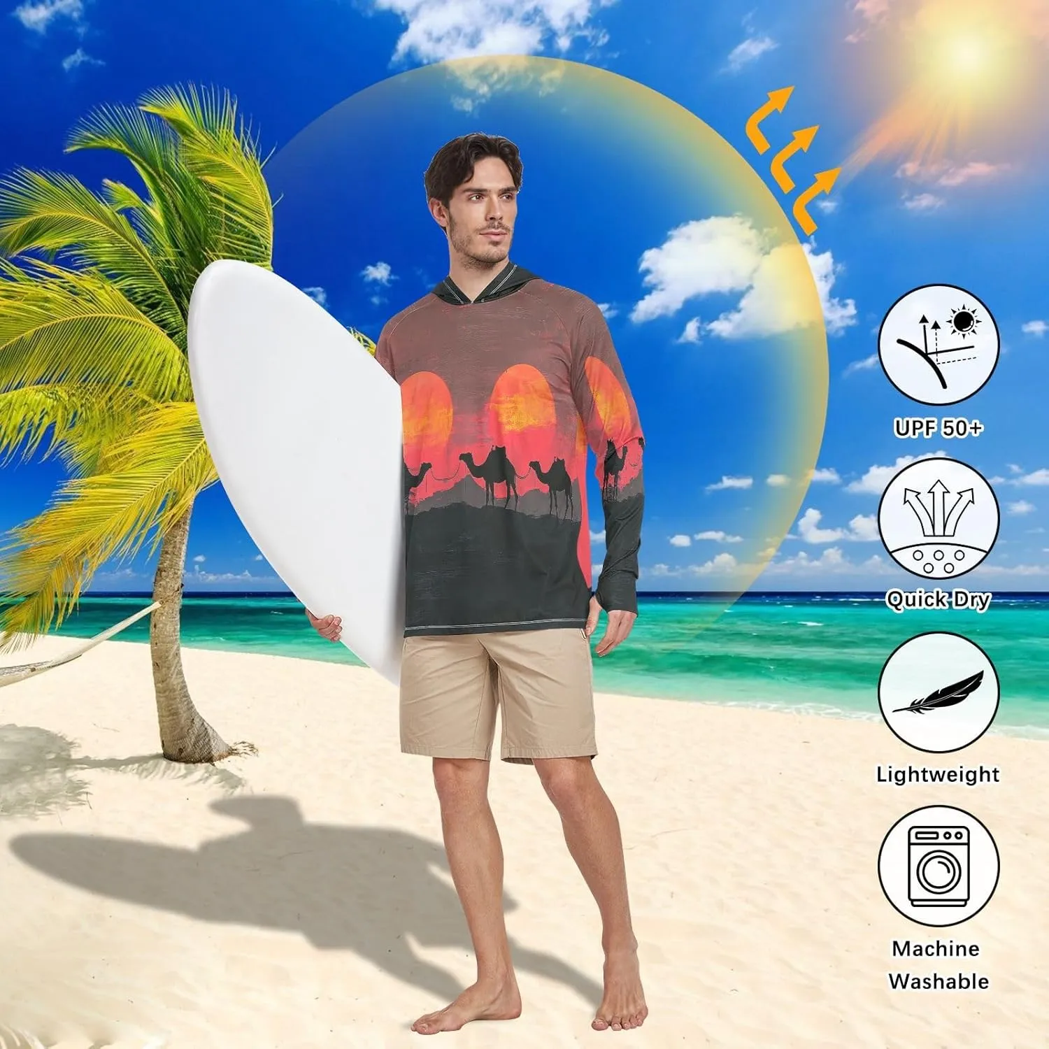 Nander Sunset Desert Camel Men's Sun Protection Hoodie Shirt UPF 50  Long Sleeve Quick Dry Jacke Cooling Shirt for Outdoor