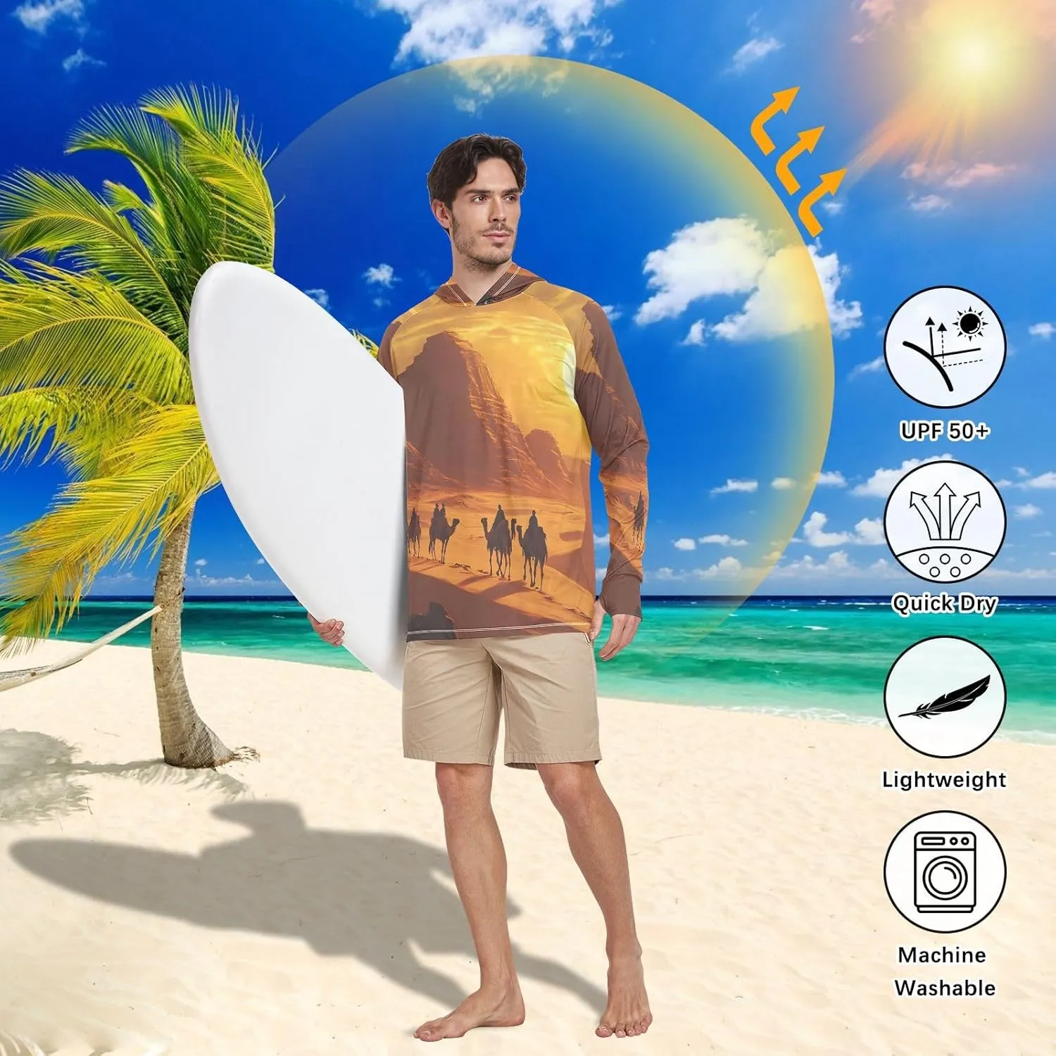 Nander Sunset Desert Camel Men's Sun Protection Hoodie Shirt UPF 50  Long Sleeve Quick Dry Jacke Cooling Shirt for Outdoor
