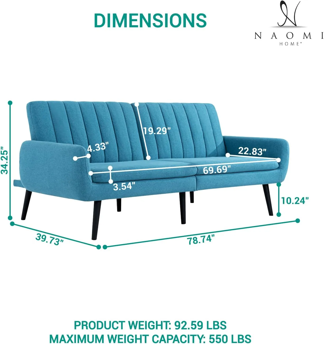 Naomi Home Raven Modern Futon Sofa Bed Convertible Sofa Futon Split Back Linen Sleeper Couch for Living Room Mid Century Modern Couch Bed Fold Out Bed with Tapered Legs Seafoam Blue