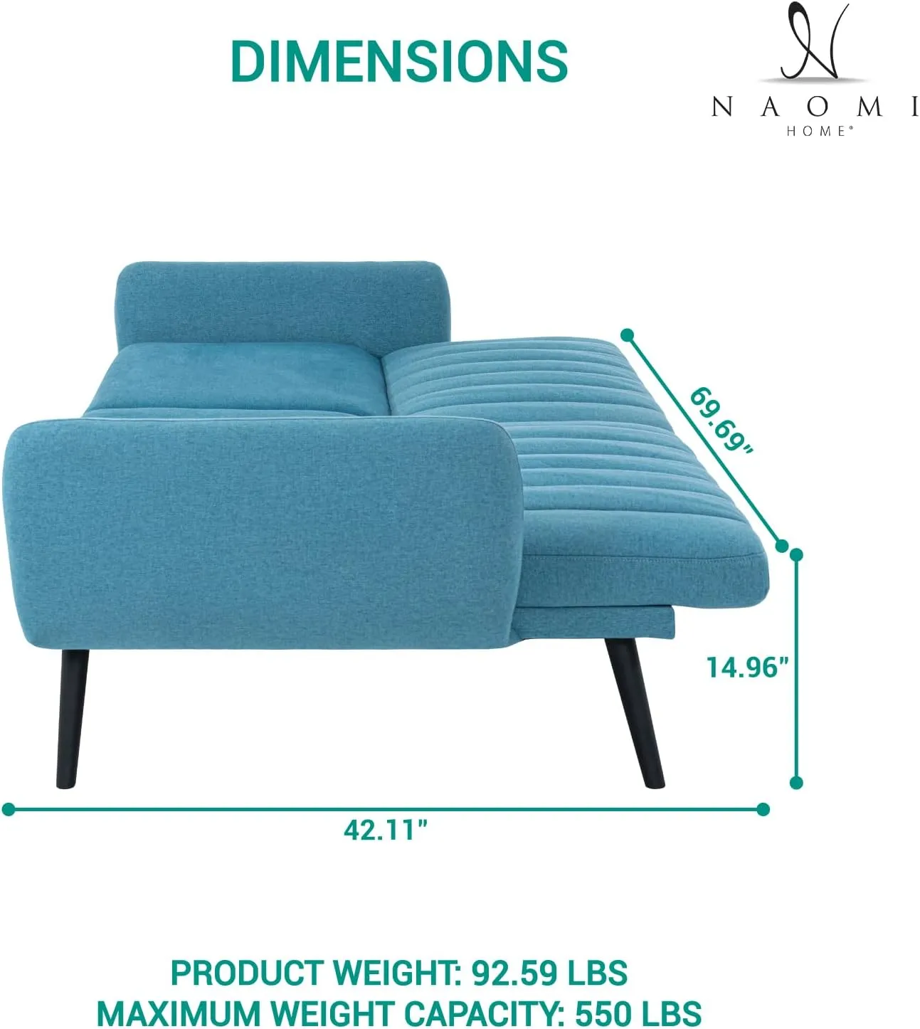 Naomi Home Raven Modern Futon Sofa Bed Convertible Sofa Futon Split Back Linen Sleeper Couch for Living Room Mid Century Modern Couch Bed Fold Out Bed with Tapered Legs Seafoam Blue