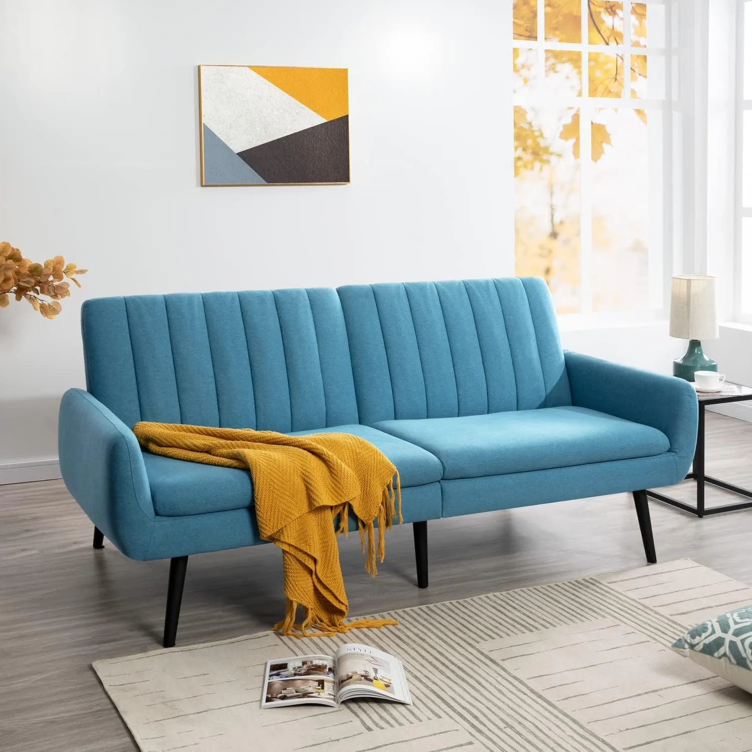 Naomi Home Raven Modern Futon Sofa Bed Convertible Sofa Futon Split Back Linen Sleeper Couch for Living Room Mid Century Modern Couch Bed Fold Out Bed with Tapered Legs Seafoam Blue