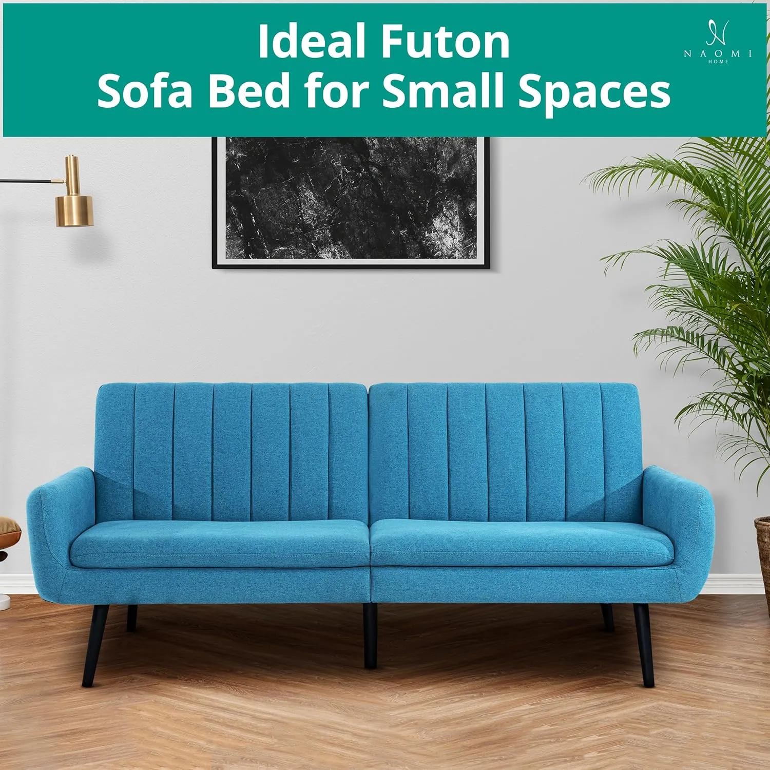 Naomi Home Raven Modern Futon Sofa Bed Convertible Sofa Futon Split Back Linen Sleeper Couch for Living Room Mid Century Modern Couch Bed Fold Out Bed with Tapered Legs Seafoam Blue