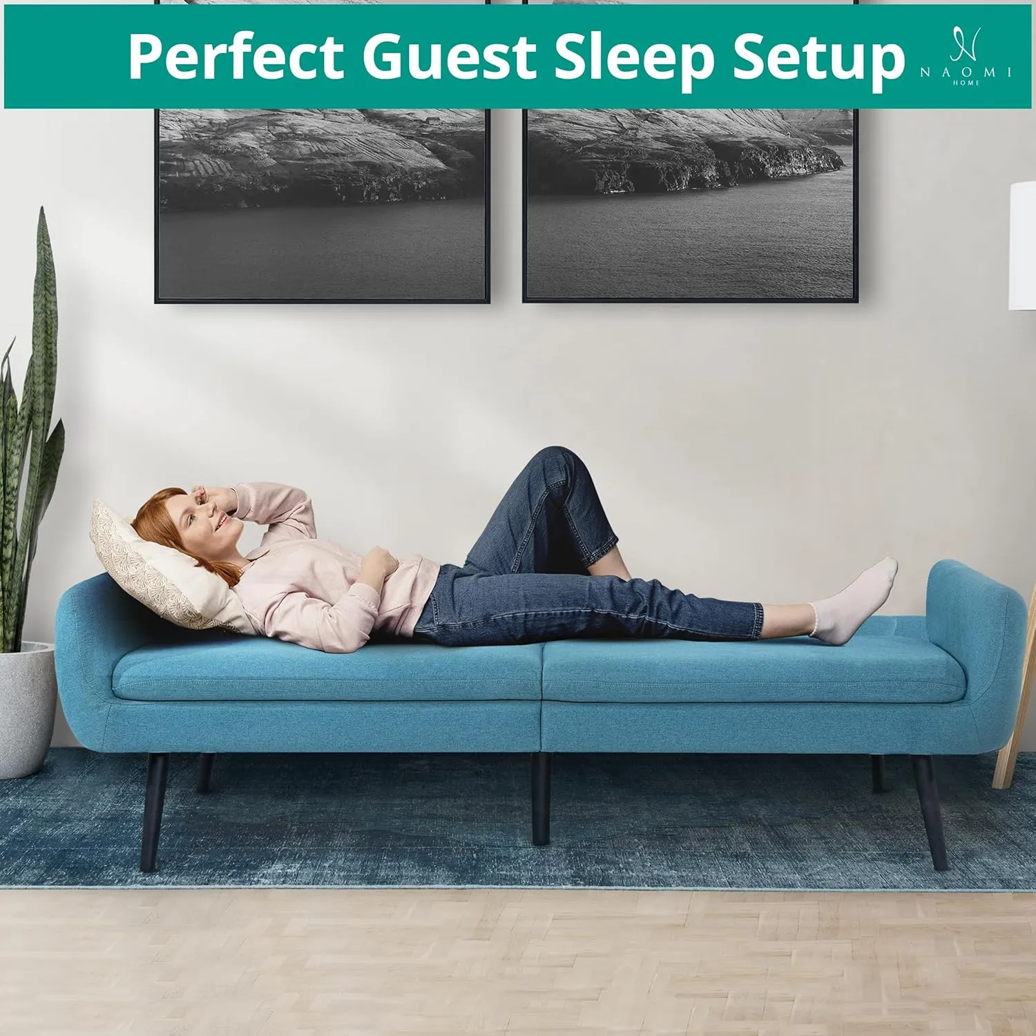 Naomi Home Raven Modern Futon Sofa Bed Convertible Sofa Futon Split Back Linen Sleeper Couch for Living Room Mid Century Modern Couch Bed Fold Out Bed with Tapered Legs Seafoam Blue