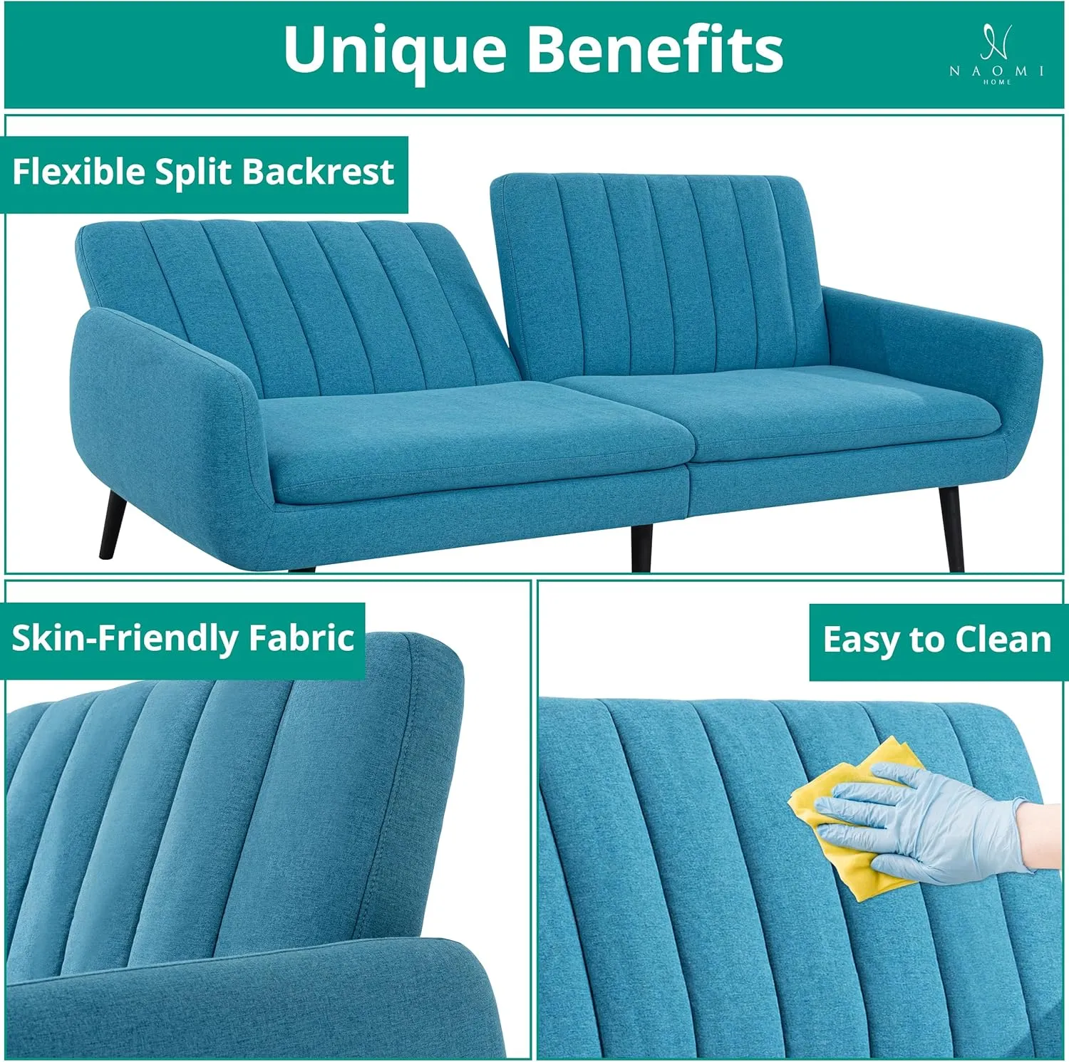 Naomi Home Raven Modern Futon Sofa Bed Convertible Sofa Futon Split Back Linen Sleeper Couch for Living Room Mid Century Modern Couch Bed Fold Out Bed with Tapered Legs Seafoam Blue