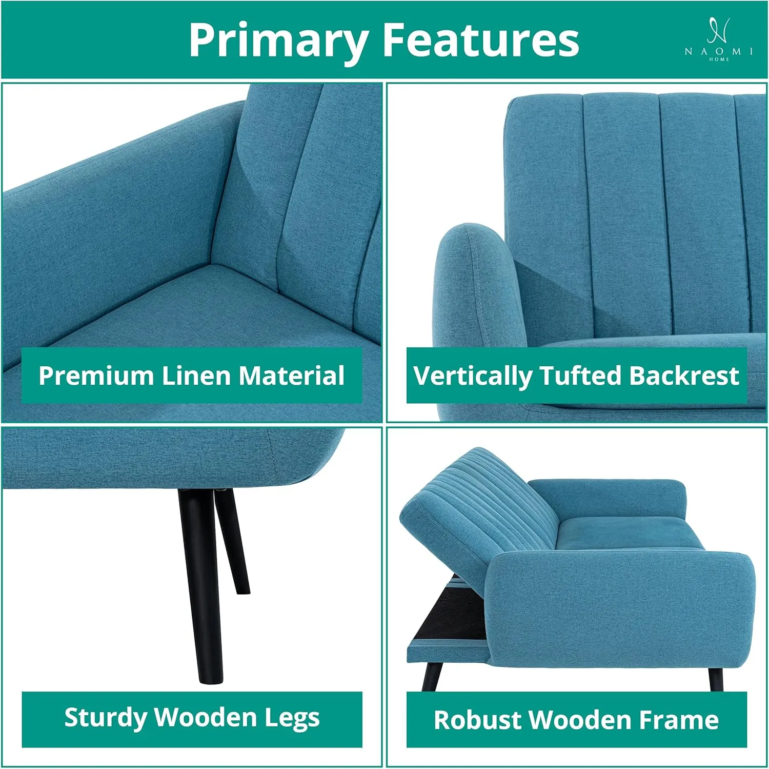 Naomi Home Raven Modern Futon Sofa Bed Convertible Sofa Futon Split Back Linen Sleeper Couch for Living Room Mid Century Modern Couch Bed Fold Out Bed with Tapered Legs Seafoam Blue