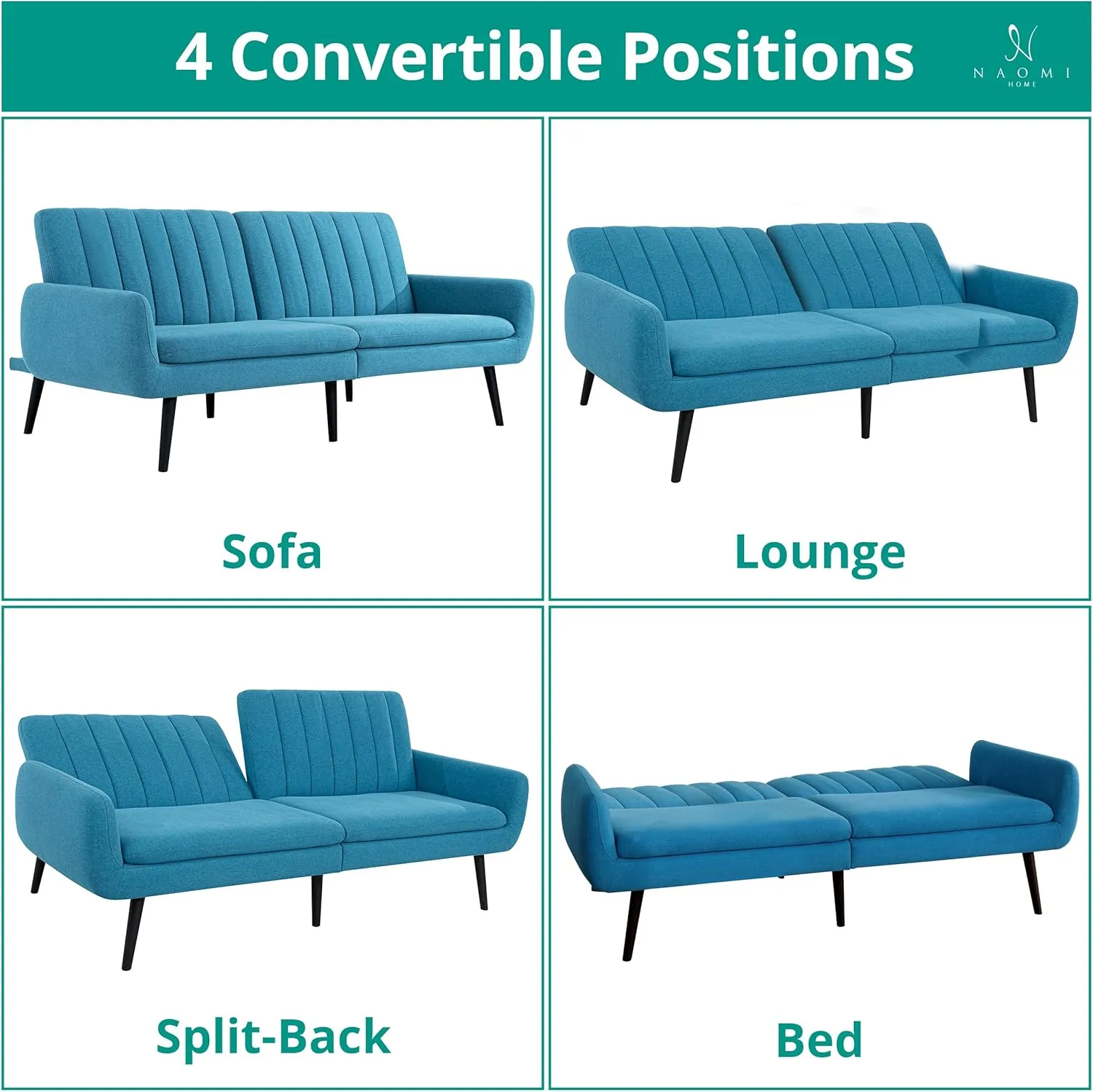 Naomi Home Raven Modern Futon Sofa Bed Convertible Sofa Futon Split Back Linen Sleeper Couch for Living Room Mid Century Modern Couch Bed Fold Out Bed with Tapered Legs Seafoam Blue