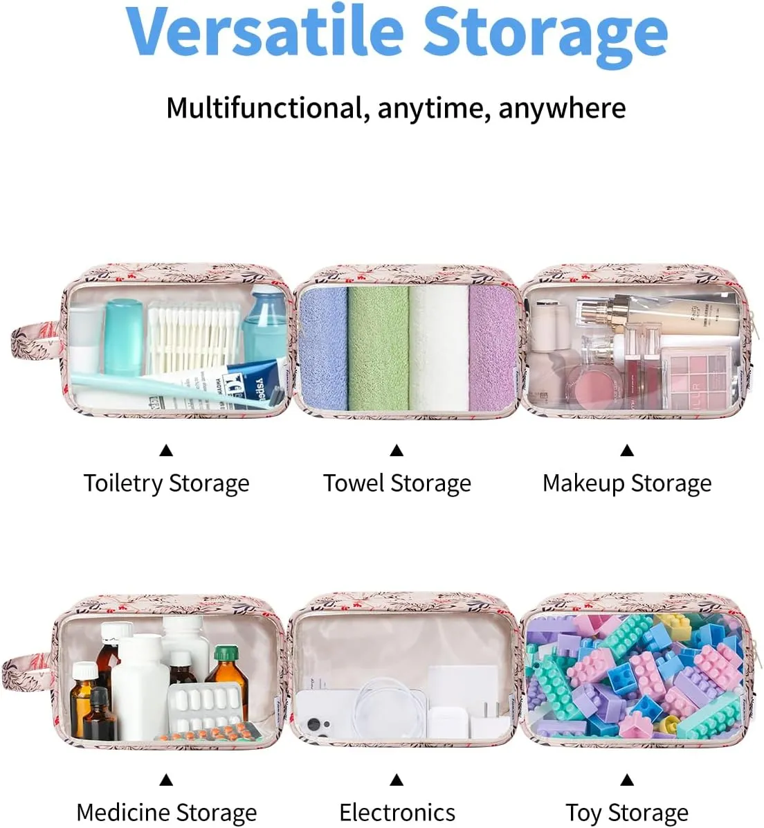 Narwey Clear Makeup Bag Cosmetic Bag with Zipper for Travel, Clear Toiletry Bags for Traveling Toiletries Women Men, Make Up Pouch with Handle, Skincare Bag (Beige Flamingo)