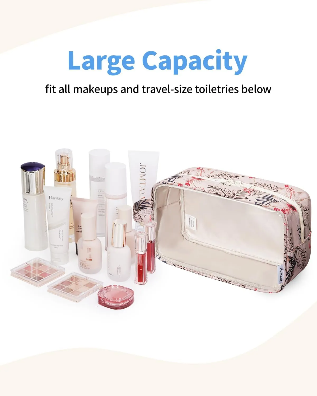 Narwey Clear Makeup Bag Cosmetic Bag with Zipper for Travel, Clear Toiletry Bags for Traveling Toiletries Women Men, Make Up Pouch with Handle, Skincare Bag (Beige Flamingo)