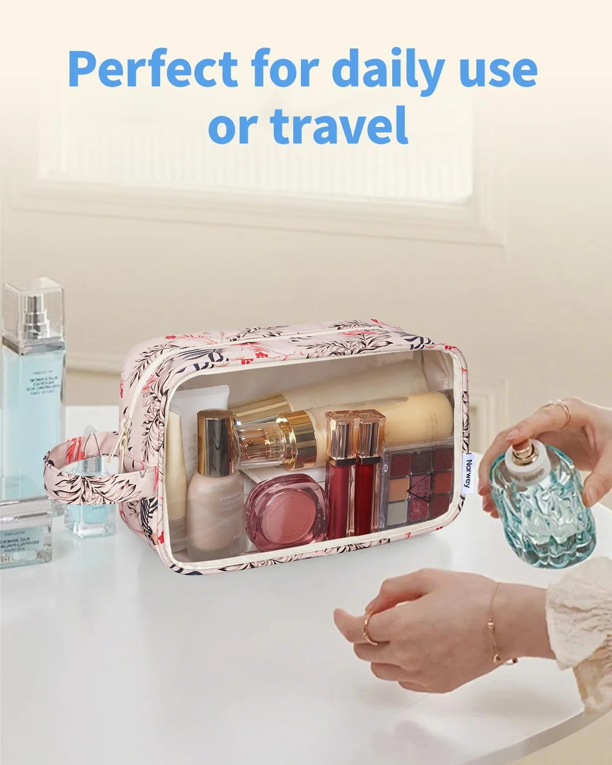 Narwey Clear Makeup Bag Cosmetic Bag with Zipper for Travel, Clear Toiletry Bags for Traveling Toiletries Women Men, Make Up Pouch with Handle, Skincare Bag (Beige Flamingo)