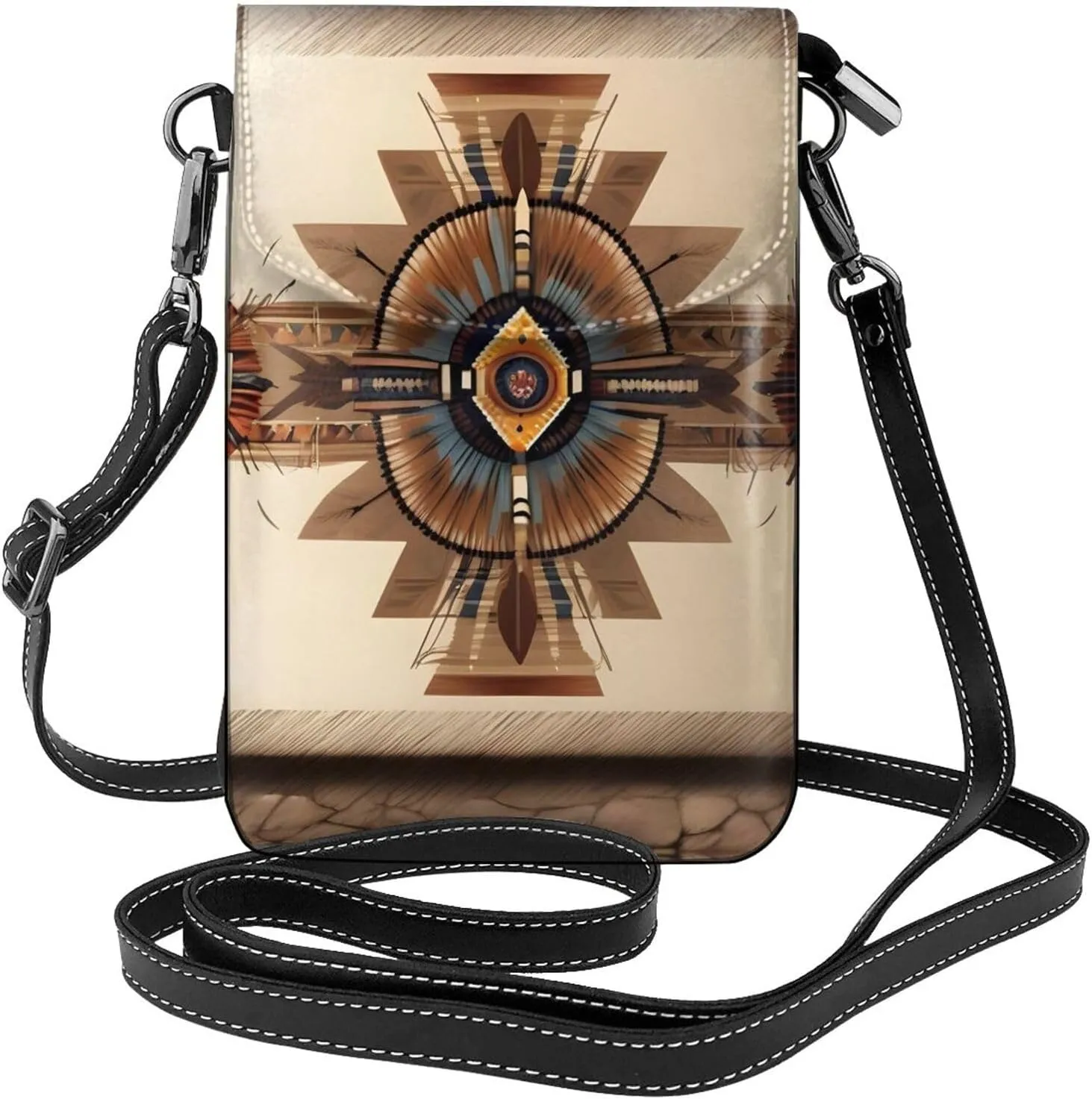 Native American Painting Small Crossbody Bags, Printed Cell Phone Purse with Card Slots, Shoulder Handbag with Strap