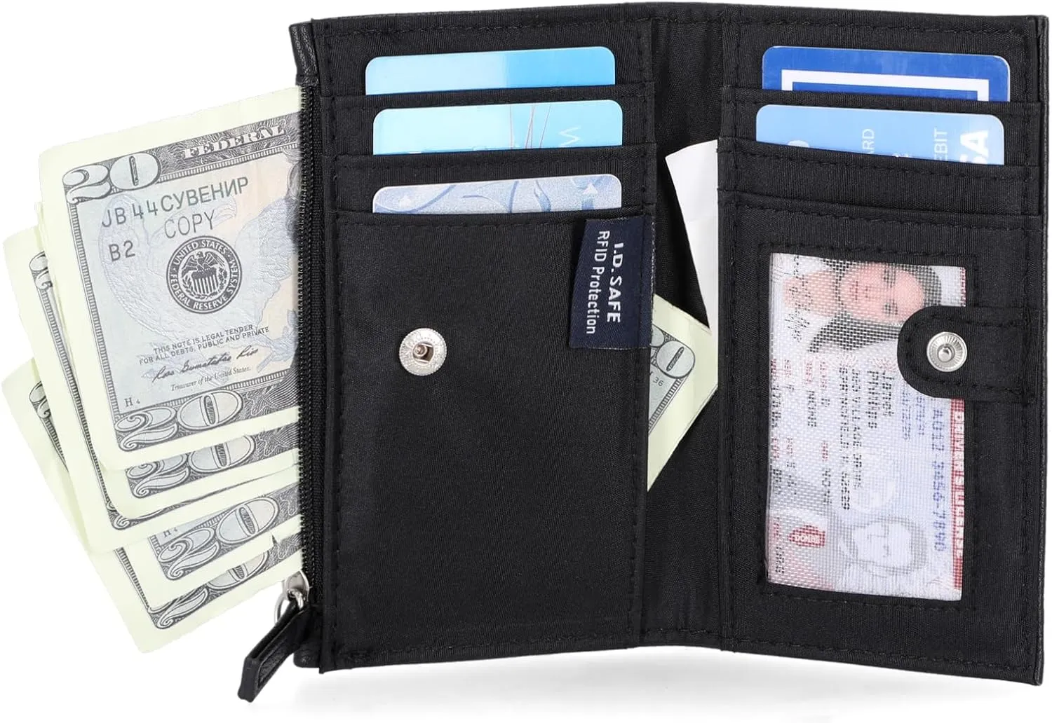 Nautica High Tide Small Wallet for Women, RFID Blocking Slim Credit Card Holder with Zipper Coin Pocket, Bifold Compact Wallet with ID Window, Black