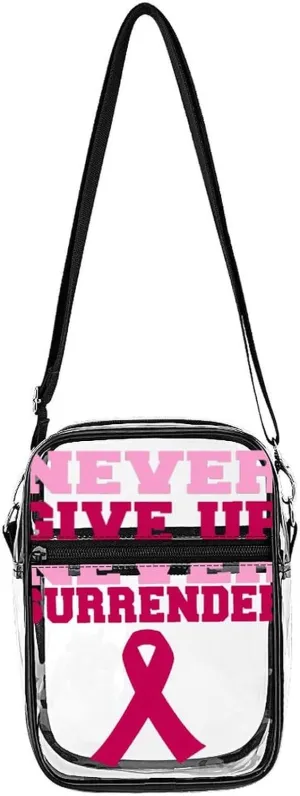 Never Surrender Breast Cancer Awareness Unisex Small Crossbody Bags Transparent Shoulder Bag Adjustable Strap Sling Bag