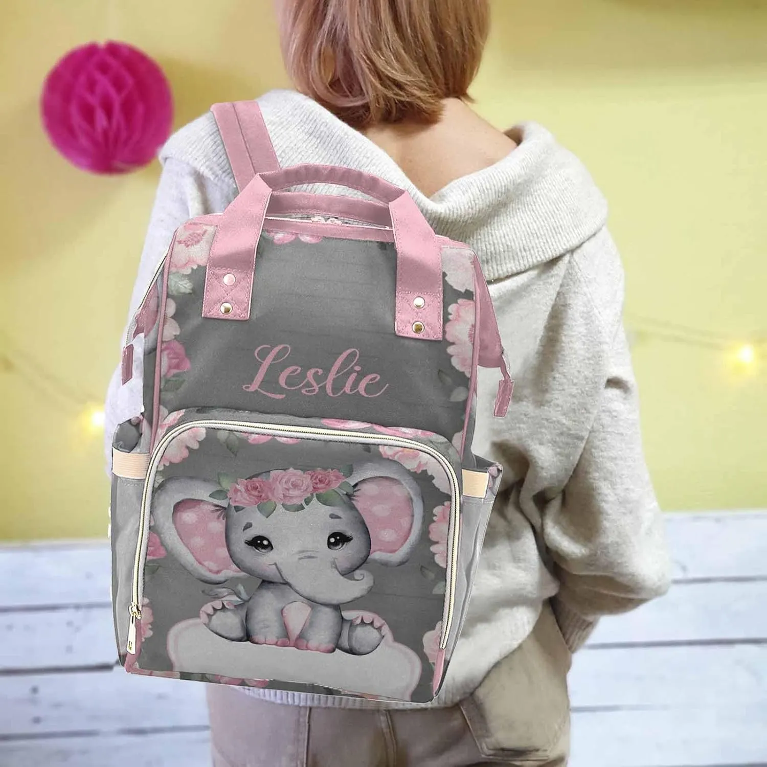 Newcos Personalized Baby Elephant with Blooming Rose Flowers, Diaper Bag Nursing Baby Bags Nappy Bag Casual Travel Daypack for Mom Gifts