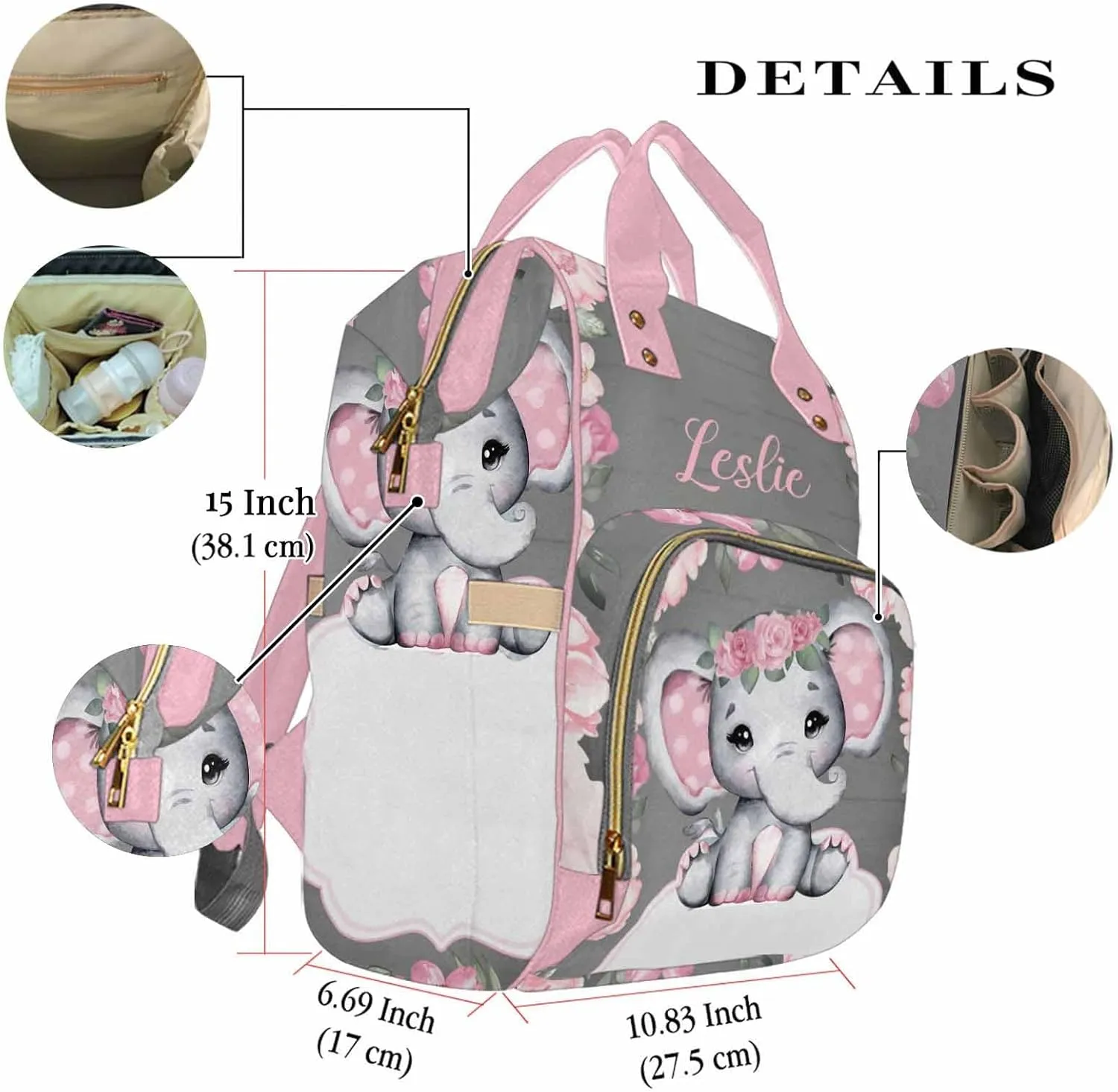 Newcos Personalized Baby Elephant with Blooming Rose Flowers, Diaper Bag Nursing Baby Bags Nappy Bag Casual Travel Daypack for Mom Gifts