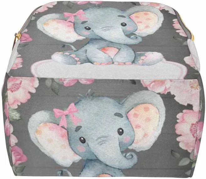 Newcos Personalized Baby Elephant with Blooming Rose Flowers, Diaper Bag Nursing Baby Bags Nappy Bag Casual Travel Daypack for Mom Gifts