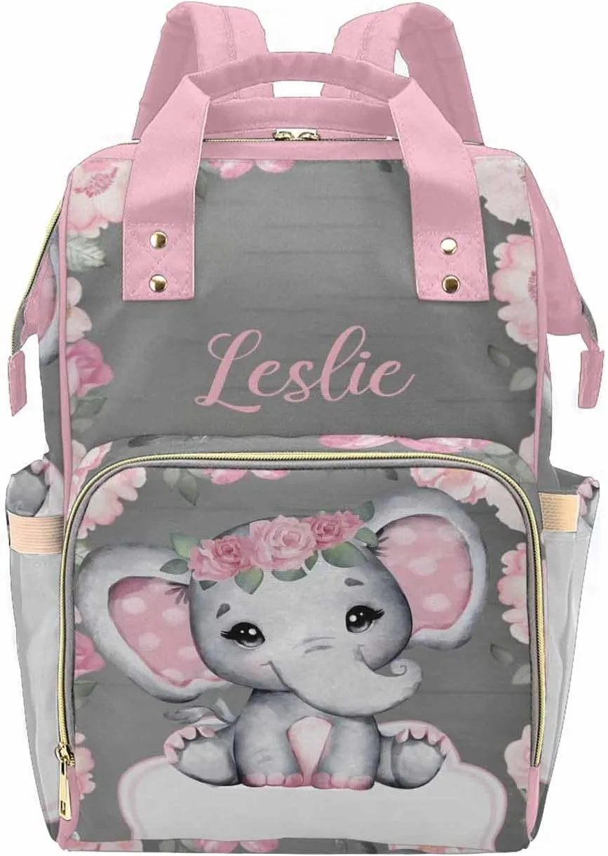 Newcos Personalized Baby Elephant with Blooming Rose Flowers, Diaper Bag Nursing Baby Bags Nappy Bag Casual Travel Daypack for Mom Gifts