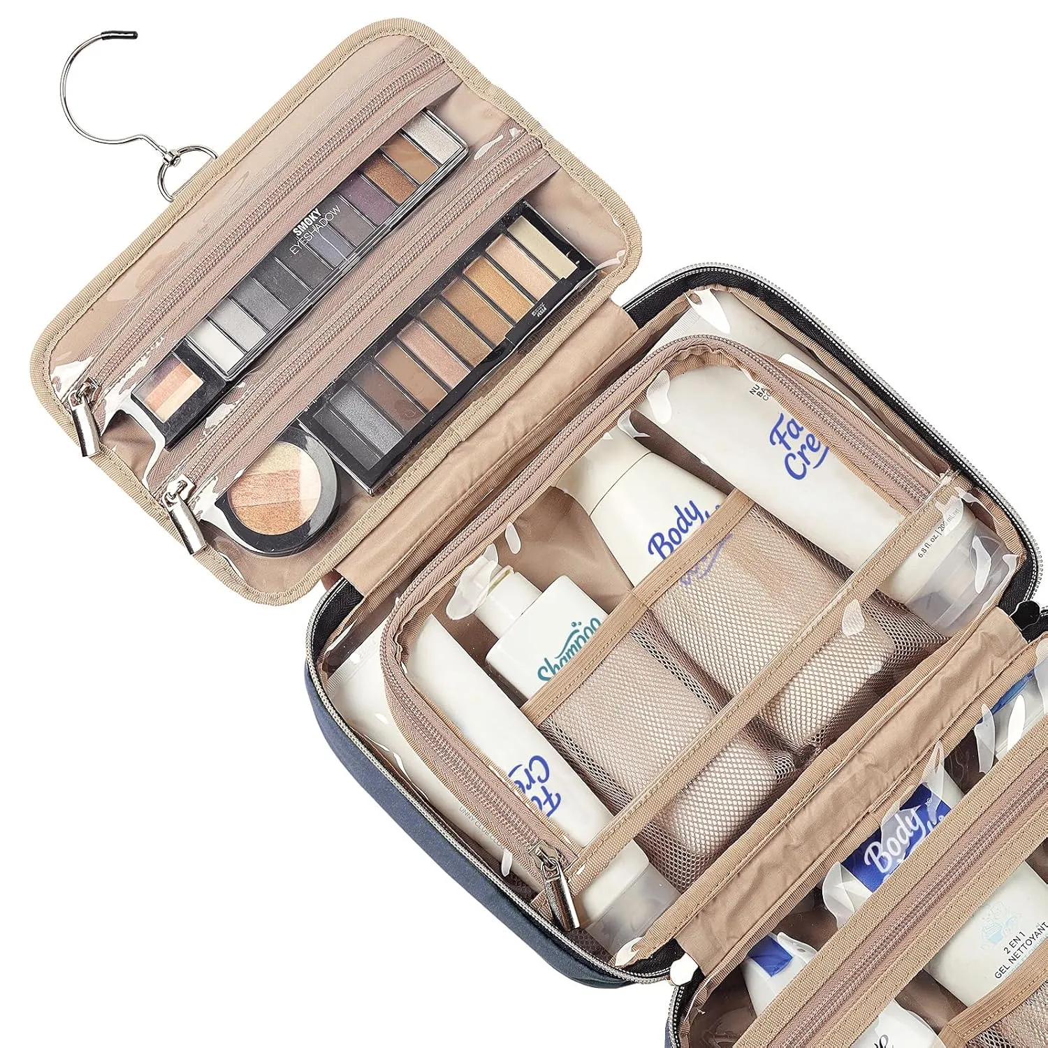 NISHEL Travel Toiletry Bag for women, Portable Hanging Organizer for Travel-Sized Shampoo, Conditioner, Brushes Set, Makeup Accessories, Medium Size, Aegean-Blue
