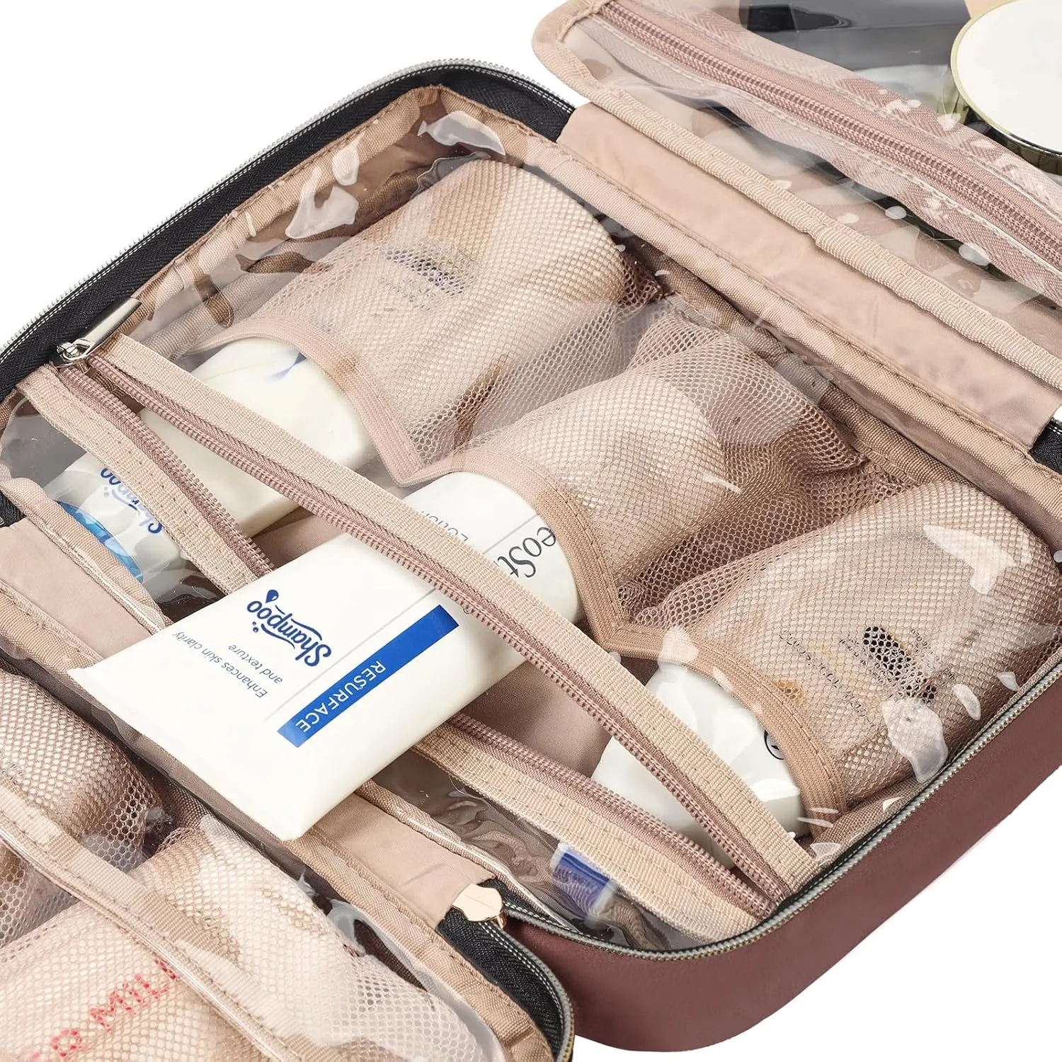 NISHEL Travel Toiletry Bag for women, Portable Hanging Organizer for Travel-Sized Shampoo, Conditioner, Brushes Set, Makeup Accessories, Medium Size, Rosewood-Pink
