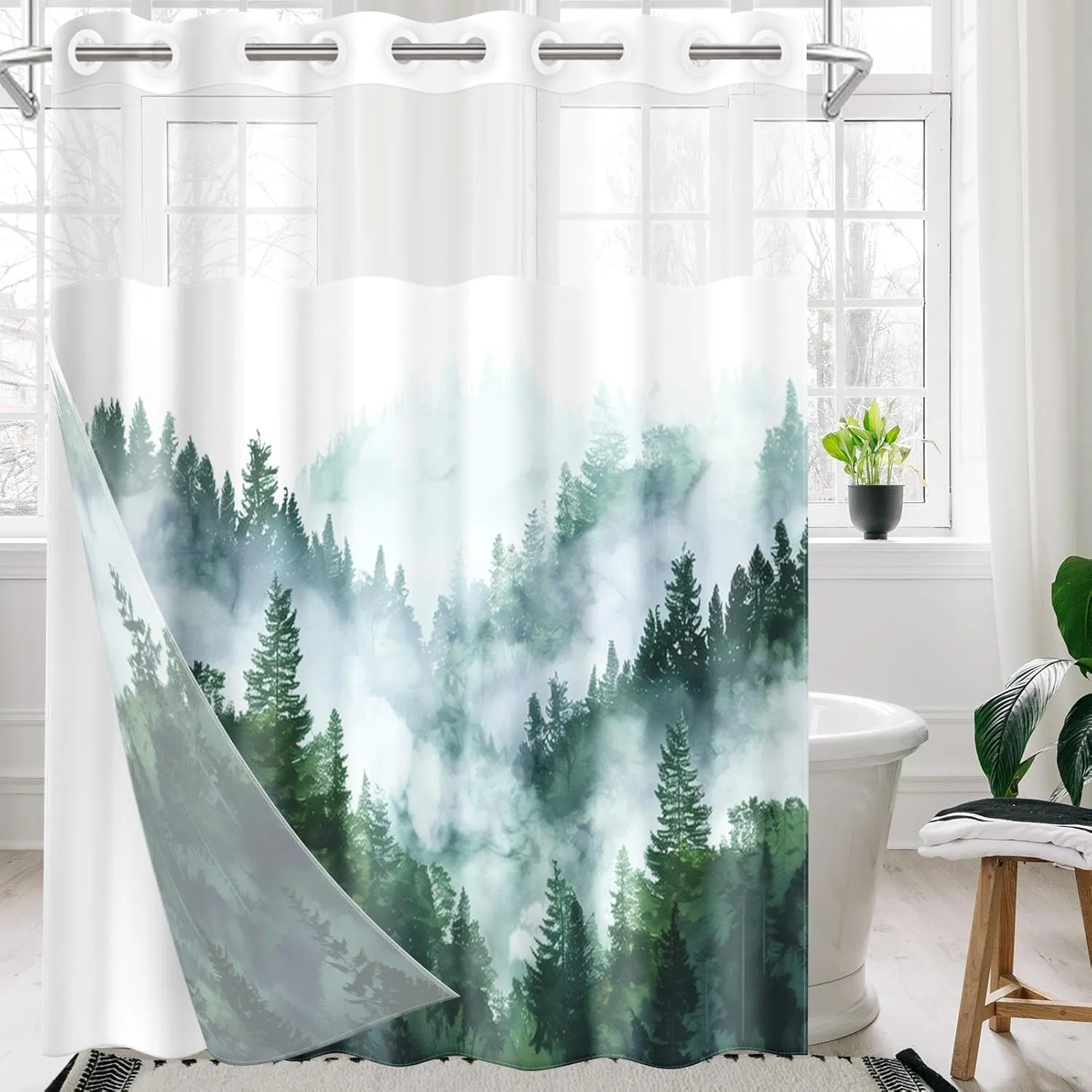 No Hook Green Misty Forest Shower Curtain with Snap in Fabric Liner, Ombre Sage Green Nature Tree Mountain Woodland Double Layers Waterproof with See Through Top Window Bath Curtain 71x74 Inch
